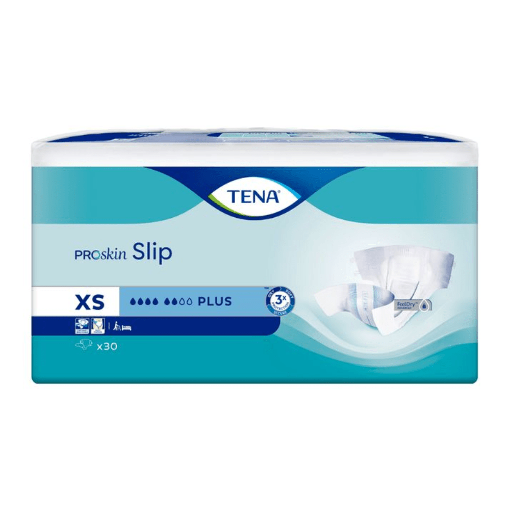 The packaging for the TENA Slip Plus incontinence pads with a waistband in size XS features a blue-and-white design. The front of the package shows an image of the product, highlighting the leak protection and the pack size of 30 pieces.