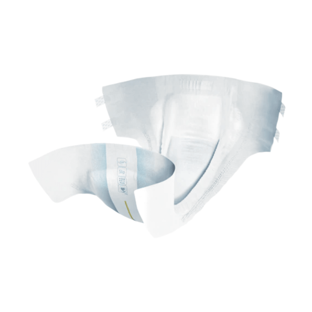 The TENA Slip Plus incontinence pad with a waistband from TENA – Essity Germany GmbH is designed with a contoured shape and elastic side panels for a secure fit. This classic white incontinence pad offers reliable leak protection and features adhesive strips and a moisture indicator line facing forward for enhanced protection.