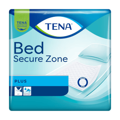 The TENA Bed Plus package from TENA - Essity Germany GmbH shows a mattress with an incontinence pad and is provided with the blue and white TENA logo and product description.