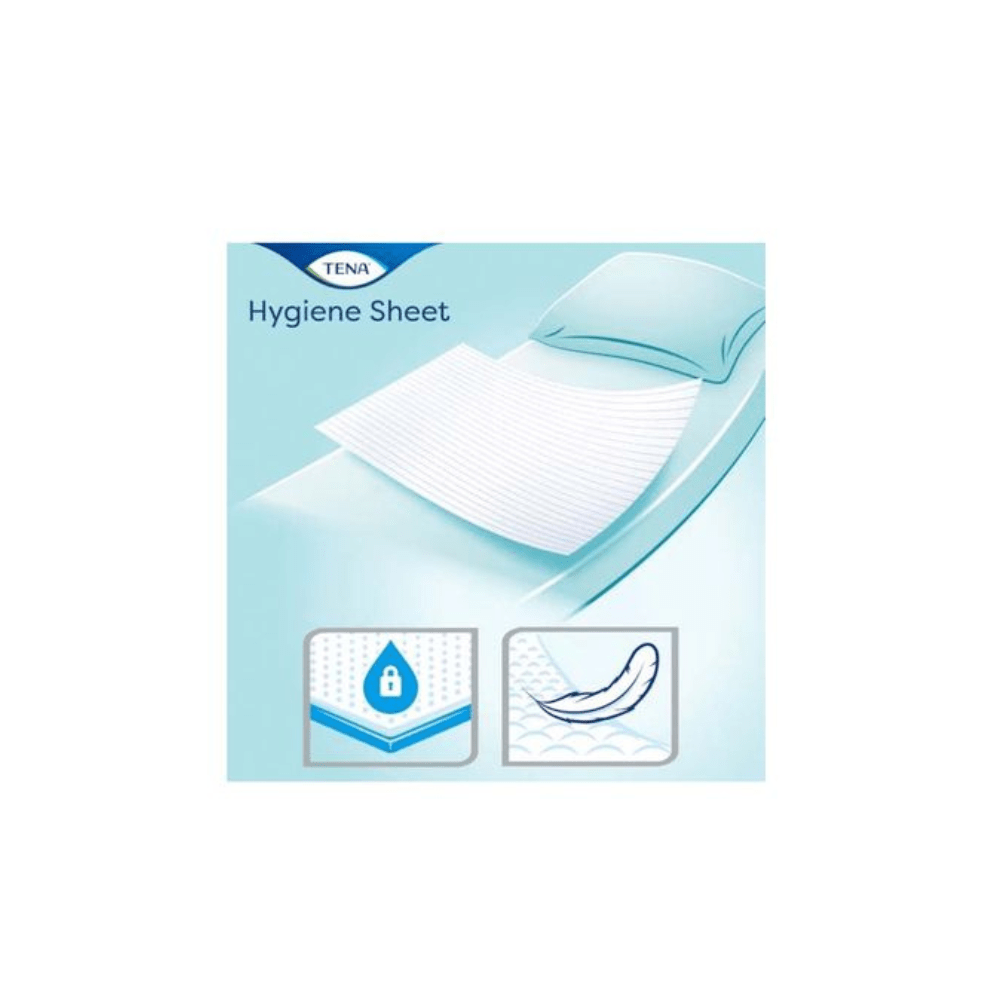 A graphic shows a TENA Hygiene Sheet (replacing item no. 774454, 100 pieces, TENA - Essity Germany GmbH) on a bed with a pillow. Two pictograms show the liquid-blocking and contoured features. The inscription "Hygiene Sheet" appears at the top.