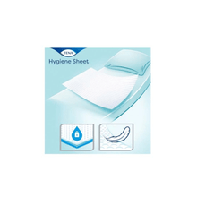 A graphic shows a TENA Hygiene Sheet (replacing item no. 774454, 100 pieces, TENA - Essity Germany GmbH) on a bed with a pillow. Two pictograms show the liquid-blocking and contoured features. The inscription "Hygiene Sheet" appears at the top.