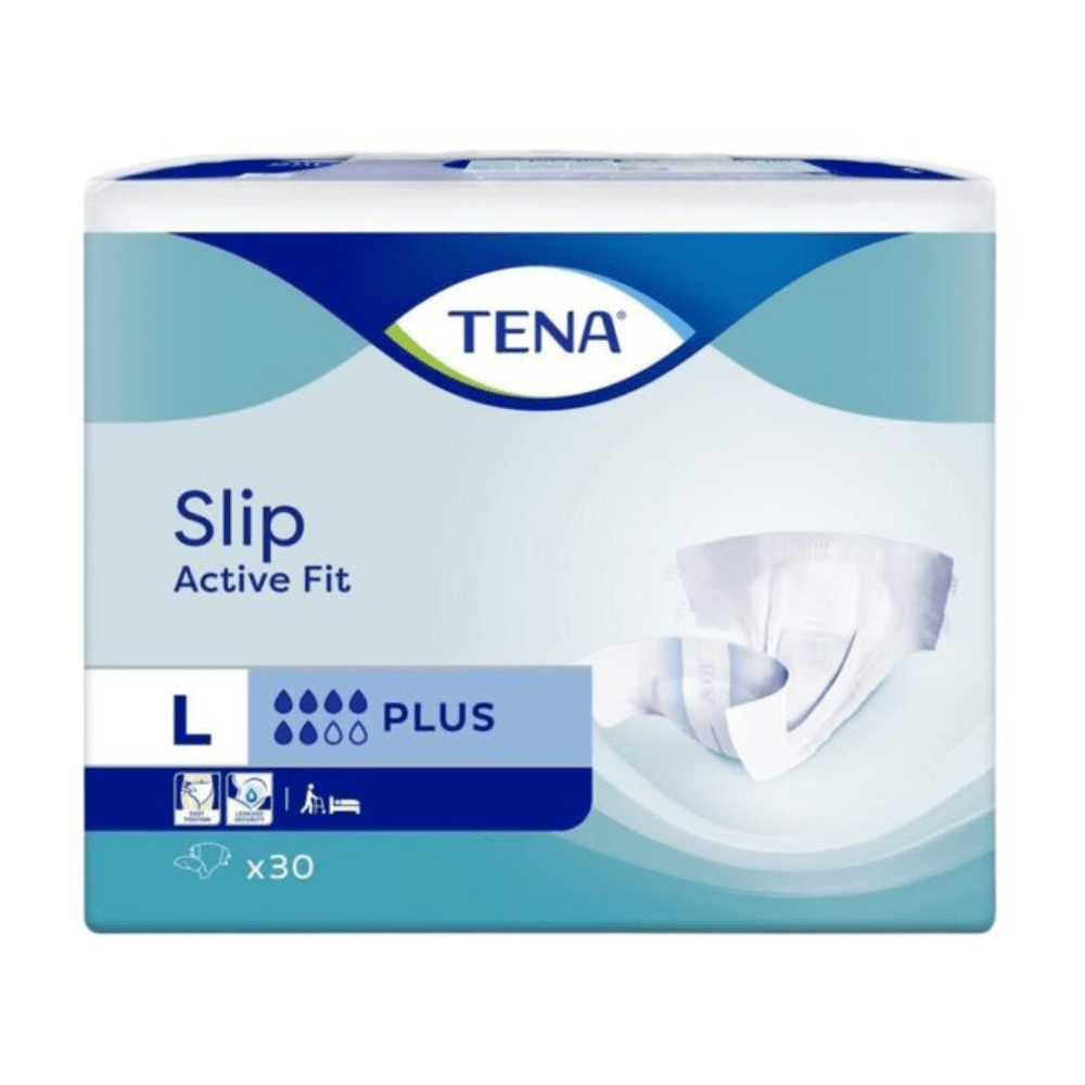 A blue and white rectangular pack of TENA Slip Active Fit Plus incontinence diapers from TENA - Essity Germany GmbH, size L, Plus absorbency, with 30 pieces. The package contains a product image and symbols for reliable incontinence protection.