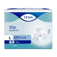 A blue and white rectangular pack of TENA Slip Active Fit Plus incontinence diapers from TENA - Essity Germany GmbH, size L, Plus absorbency, with 30 pieces. The package contains a product image and symbols for reliable incontinence protection.