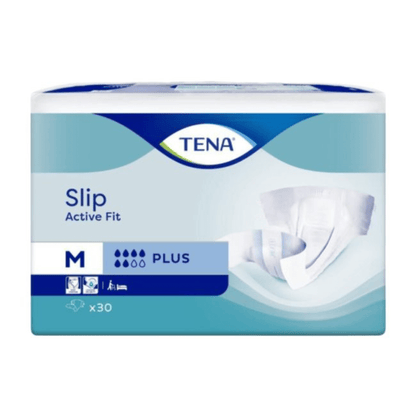 A pack of 30 TENA Slip Active Fit Plus incontinence briefs, size M, from TENA - Essity Germany GmbH. The blue and white packaging shows the product name and an image of a brief.