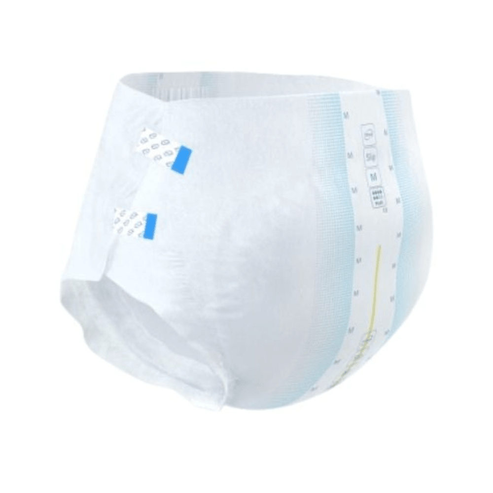 TENA Slip Active Fit Plus from TENA - Essity Germany GmbH is a disposable incontinence diaper for adults with adhesive tabs, elastic waistband, blue lines, wetness indicator, and white color with light blue/yellow markings. Ideal for incontinence care.