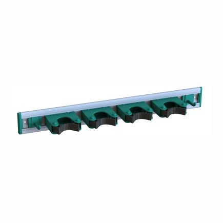 The Arcora TOOLS HOLDER FOR SERVICE CARTS from Arcora International GmbH features four green-black, spring-loaded clamps on a metal rail, ideal for tool storage and organizing handles of tools like brooms or mops.