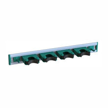 The Arcora TOOLS HOLDER FOR SERVICE CARTS from Arcora International GmbH features four green-black, spring-loaded clamps on a metal rail, ideal for tool storage and organizing handles of tools like brooms or mops.