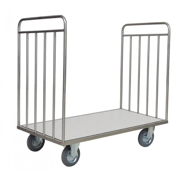 A Novocal transport trolley without a back wall made of stainless steel with a flat platform, four wheels, and sturdy vertical struts at both ends for the safe transport of items.