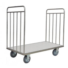 A Novocal transport trolley without a back wall made of stainless steel with a flat platform, four wheels, and sturdy vertical struts at both ends for the safe transport of items.