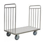 A Novocal transport trolley without a back wall made of stainless steel with a flat platform, four wheels, and sturdy vertical struts at both ends for the safe transport of items.