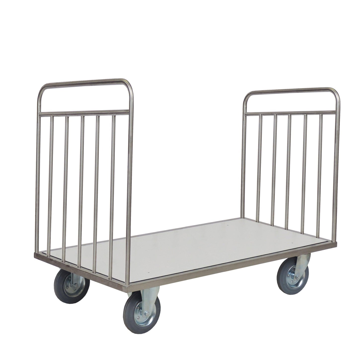 The Novocal transport trolley without a back wall features a stainless steel frame, a flat surface, open sides, and vertical bars at both ends - ideal for transporting large or heavy items. All pipe connections are fully welded for long-lasting durability.