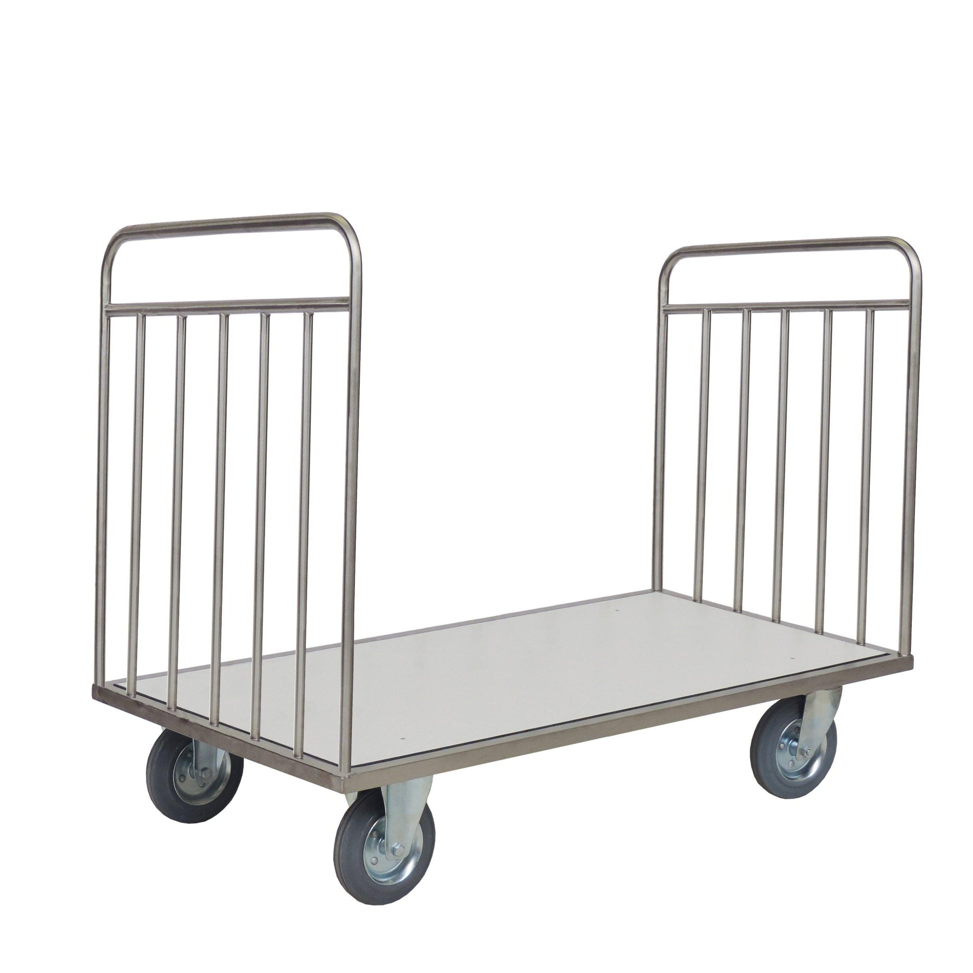 The Novocal transport trolley without a back wall features a stainless steel frame, a flat surface, open sides, and vertical bars at both ends - ideal for transporting large or heavy items. All pipe connections are fully welded for long-lasting durability.