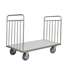 The Novocal transport trolley without a back wall features a stainless steel frame, a flat surface, open sides, and vertical bars at both ends - ideal for transporting large or heavy items. All pipe connections are fully welded for long-lasting durability.