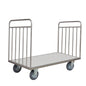 The Novocal transport trolley without a back wall features a stainless steel frame, a flat surface, open sides, and vertical bars at both ends - ideal for transporting large or heavy items. All pipe connections are fully welded for long-lasting durability.