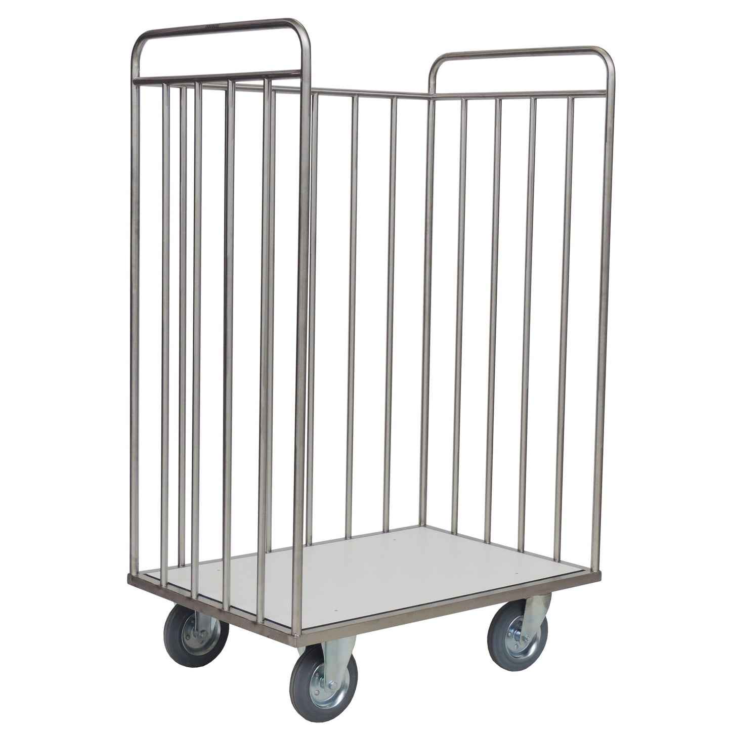 A Novocal transport cart without a back panel made of stainless steel, with a frame and vertical round tube connections, open top, flat bottom, and four swivel castors, depicted empty on a white background.