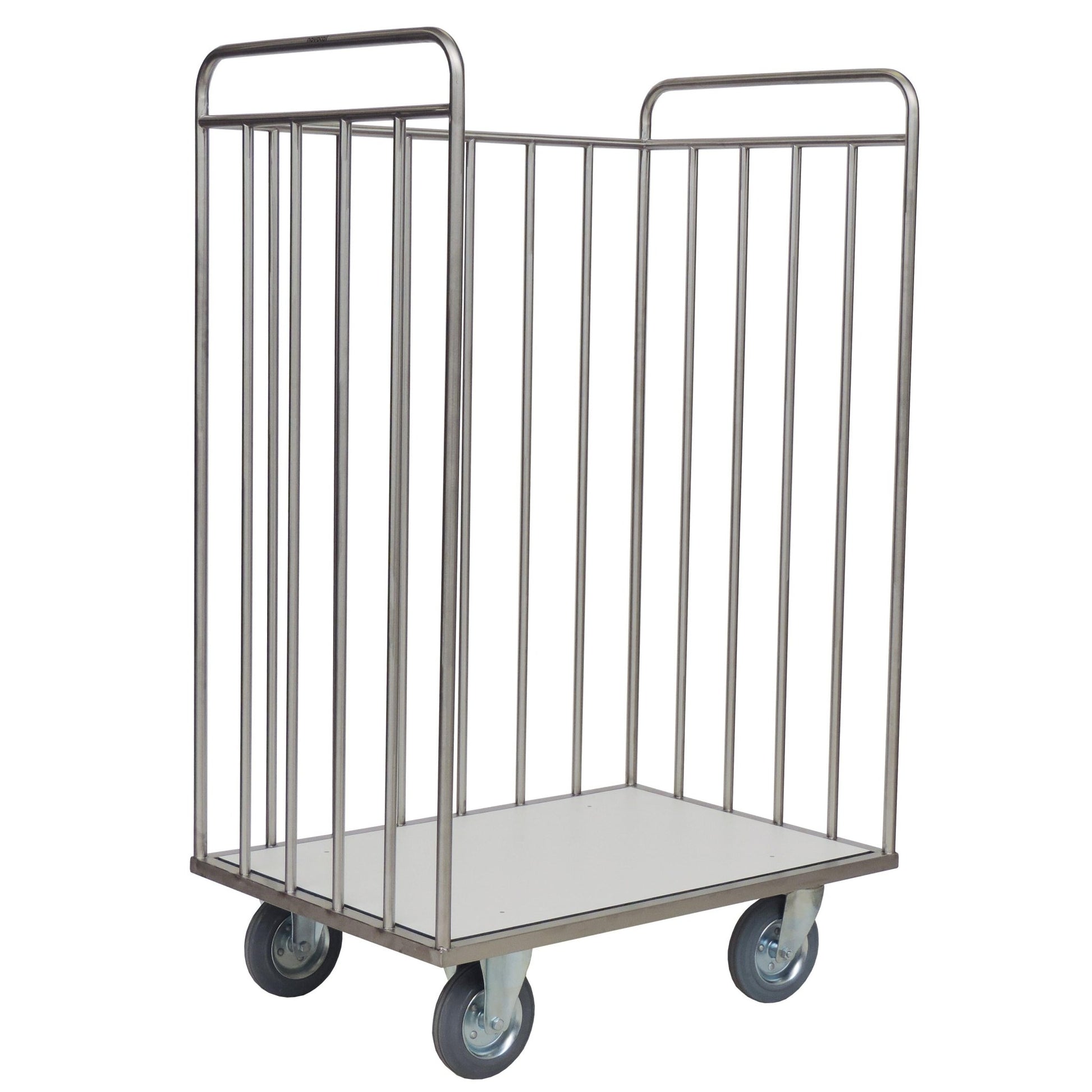 A Novocal transport cart without a back panel made of stainless steel, with a frame and vertical round tube connections, open top, flat bottom, and four swivel castors, depicted empty on a white background.