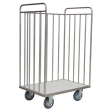 A Novocal transport cart without a back panel made of stainless steel, with a frame and vertical round tube connections, open top, flat bottom, and four swivel castors, depicted empty on a white background.