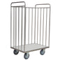A Novocal transport cart without a back panel made of stainless steel, with a frame and vertical round tube connections, open top, flat bottom, and four swivel castors, depicted empty on a white background.