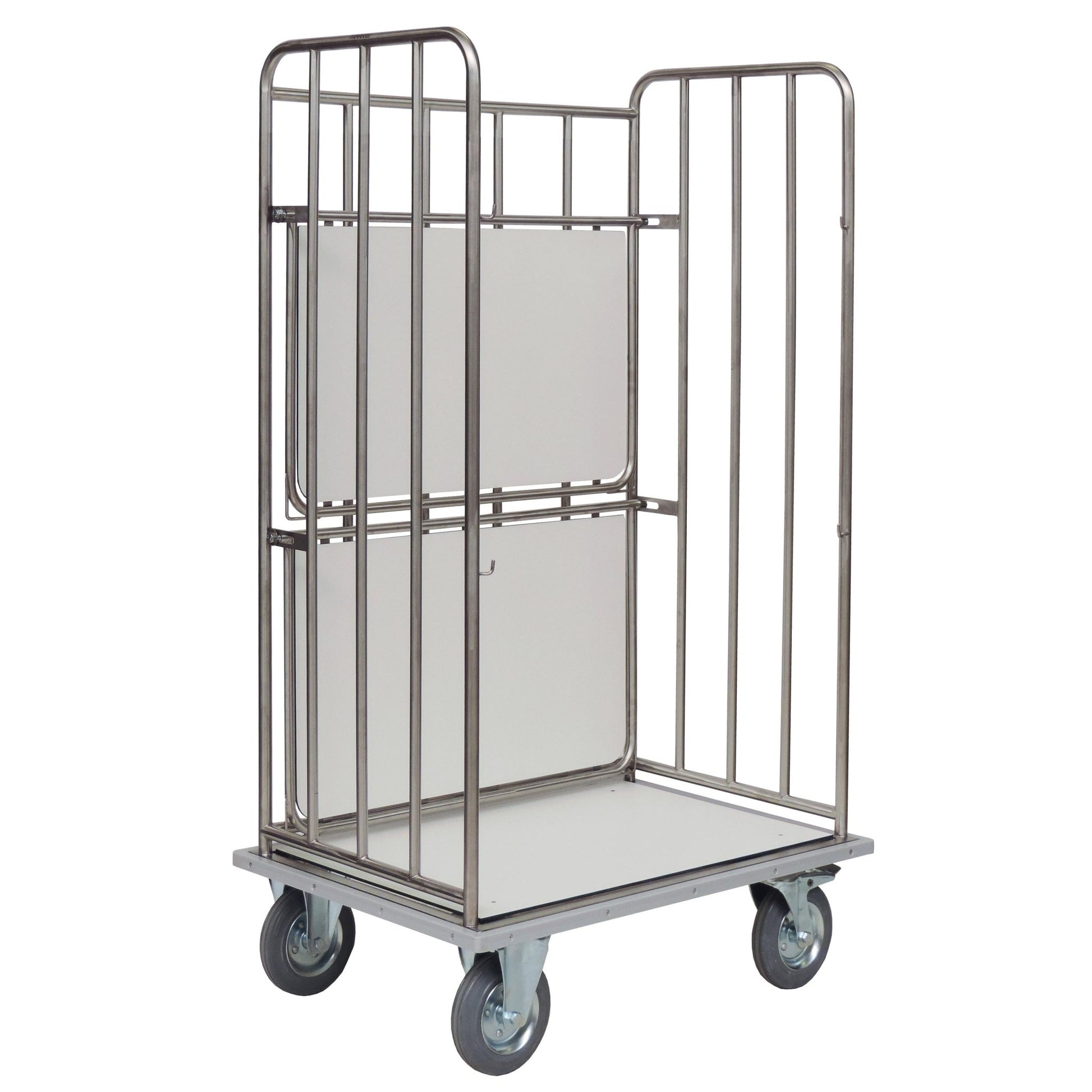 The Novocal transport trolley with foldable intermediate shelves made of stainless steel is empty and is ideal for efficient goods transport. All pipe connections are made of stainless steel, delivered as a 1-piece package.