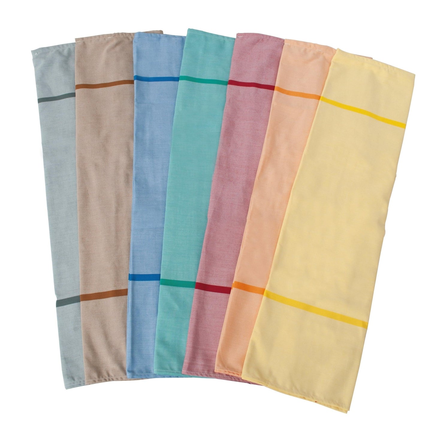 Six folded cloth napkins in gray, taupe, blue, petrol, pink, and yellow with a stripe are arranged on a white background next to the Novocal textile laundry bag self-opening (100% polyester, approx. 12 kg capacity) by Novocal.