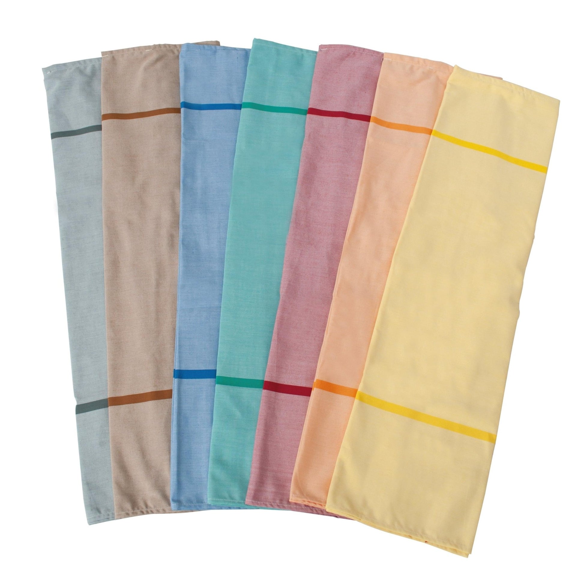 Six folded cloth napkins in gray, taupe, blue, petrol, pink, and yellow with a stripe are arranged on a white background next to the Novocal textile laundry bag self-opening (100% polyester, approx. 12 kg capacity) by Novocal.