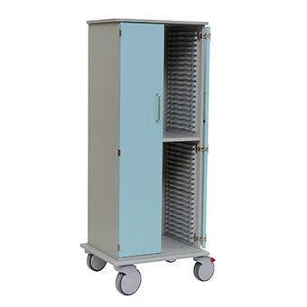 The Novocal tray trolley chassis, made from a solid plastic panel by Novocal, features two light blue doors and several interior compartments. It stands on four large wheels, making it easy to transport and convenient to store.