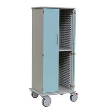 The Novocal tray trolley chassis, made from a solid plastic panel by Novocal, features two light blue doors and several interior compartments. It stands on four large wheels, making it easy to transport and convenient to store.