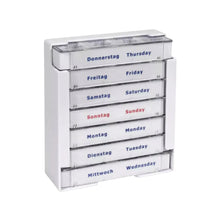 The AMPri Med-Comfort Tablet Dispenser (375 x 225 x 40 mm, white) features seven compartments for medications labeled in German and English for each day: Thursday/Thursday to Wednesday/Wednesday.