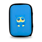 A blue-black zippered carrying case from Pluslife features the image of a blue owl with a sleepy expression, a yellow beak, yellow feet, and small blue hearts on its belly. The bag stands upright against a white background.