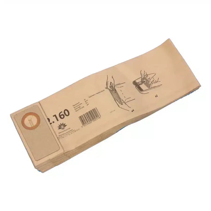 A stack of paper bag double filter paper bags from Diversey Deutschland GmbH & Co. OHG with printed instructions and a barcode on the top bag. The bags with their simple folding design are ideal for packaging items. The top bag contains a graphic showing a folding mechanism reminiscent of the Taski Jet 50 technique.