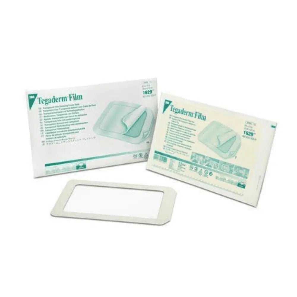 In front of two packages is a rectangular Tegaderm Film 3M Transparent Dressing (10 x 12 cm, pack of 5 pieces, Solventum Germany GmbH) with product information and an illustration of the adhesive dressing application depicted.