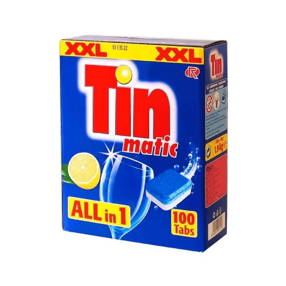 Box with Tin matic All in One dishwasher tablets from Rösch Germany GmbH, contains 100 tablets. The packaging shows a lemon slice and a glass illustration on a blue background, is marked with "XXL" and promises clean and shiny dishes.