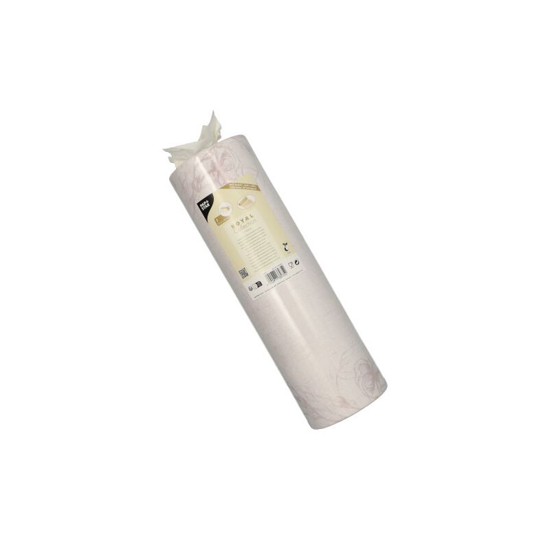 A roll of PAPSTAR table runner fabric-like PV-Tissue Mix "ROYAL Collection" of PAPSTAR GmbH features a subtle, vertically oriented floral pattern on a plain white background. The label prominently displays the product details and the brand logo at the top.