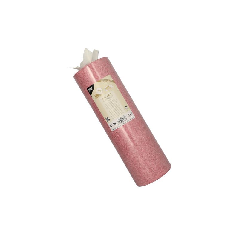 A rolled pink yoga mat, reflecting the elegance of the PAPSTAR table runner fabric-like PV-Tissue Mix "ROYAL Collection" by PAPSTAR GmbH, features a beige label with product information and brand details. It stands vertically against a simple white background, exuding sophistication reminiscent of this refined table runner made from a pulp-viscose-tissue blend.