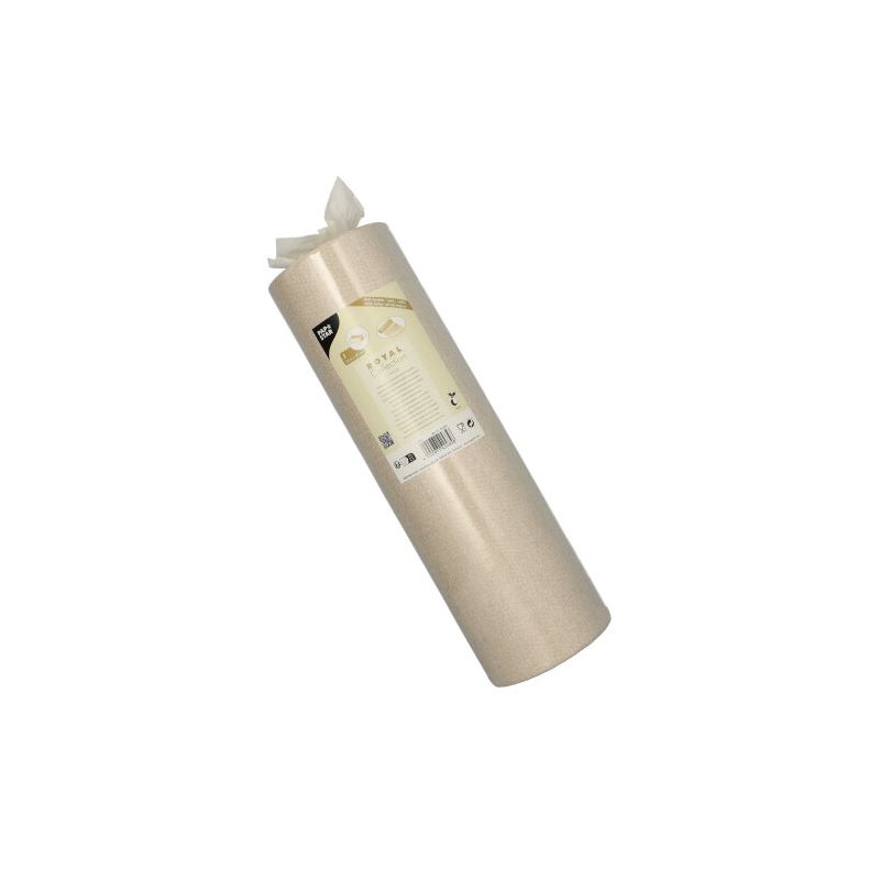 A rolled-up, beige table runner in the elegance of the ROYAL Collection stands upright against a white background. The label on the runner contains product details and a barcode, identifying it as a PAPSTAR table runner fabric-like PV-Tissue Mix "ROYAL Collection" 24 m x 40 cm from PAPSTAR GmbH.