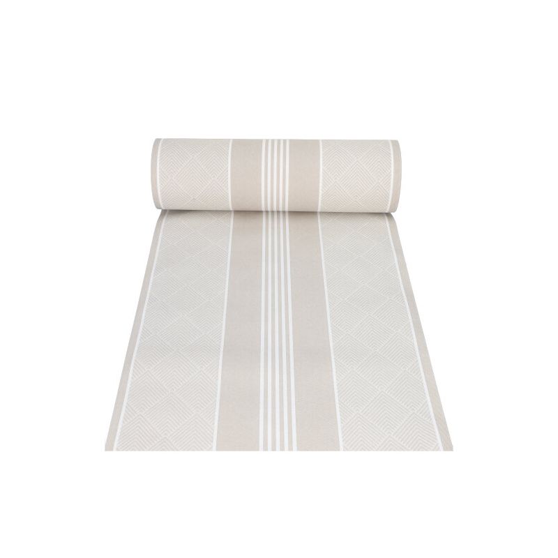 A roll from the fabric-like table runner PV-tissue mix "ROYAL Collection" of PAPSTAR GmbH in beige, adorned with a stripe and geometric diamond pattern, is partially unrolled, showcasing its elegant design. The pulp-viscose tissue mix material adds a touch of sophistication to the plain white background.