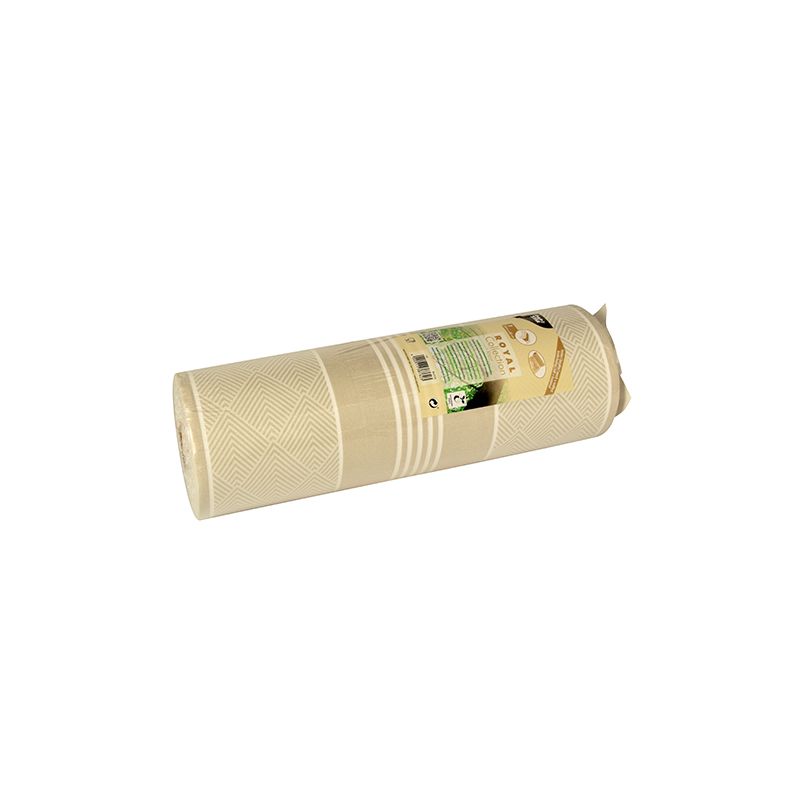 A roll from the PAPSTAR table runner fabric-like PV-Tissue Mix “ROYAL Collection” of PAPSTAR GmbH features a geometric, textured pattern in a neutral tone. The label, partially visible from this angle, shows text and graphics. The roll is made of a cellulose-viscose tissue mix and lies on a simple white background.