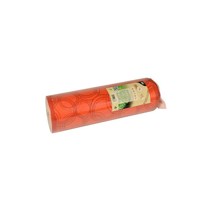 A roll of red plastic mesh material with a circular pattern, wrapped in a label with product details and a barcode, originates from the PAPSTAR table runner fabric-like PV-Tissue Mix, part of the sophisticated ROYAL Collection of PAPSTAR GmbH.