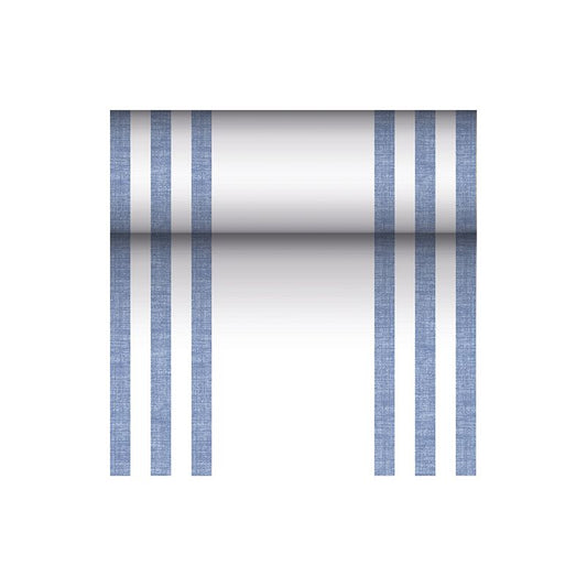 As part of the "ROYAL Collection" of PAPSTAR GmbH, this seamless pattern features vertical blue stripes on a white background. The PV-tissue mix ensures durability while maintaining elegance, with evenly distributed stripes creating a symmetrical and balanced appearance, making it perfect for any fabric-like table runner from PAPSTAR.