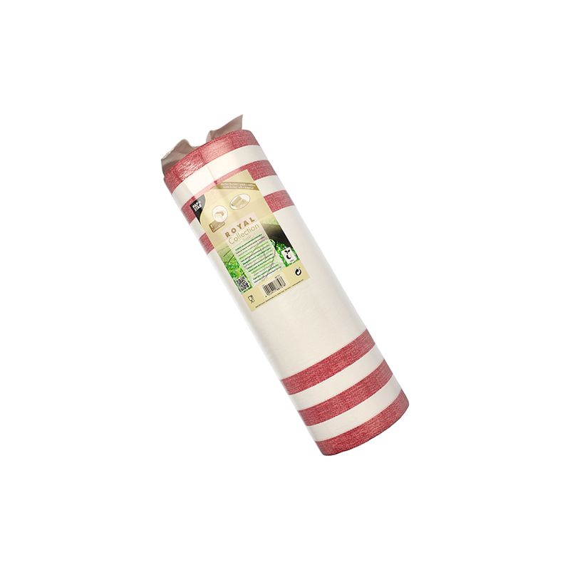 A roll of wallpaper from PAPSTAR GmbH from the PAPSTAR fabric-like table runner PV-tissue mix "ROYAL Collection" with a striking pattern of red and white stripes stands upright against a solid background. The packaging displays product details in multiple languages and includes eco-label symbols.