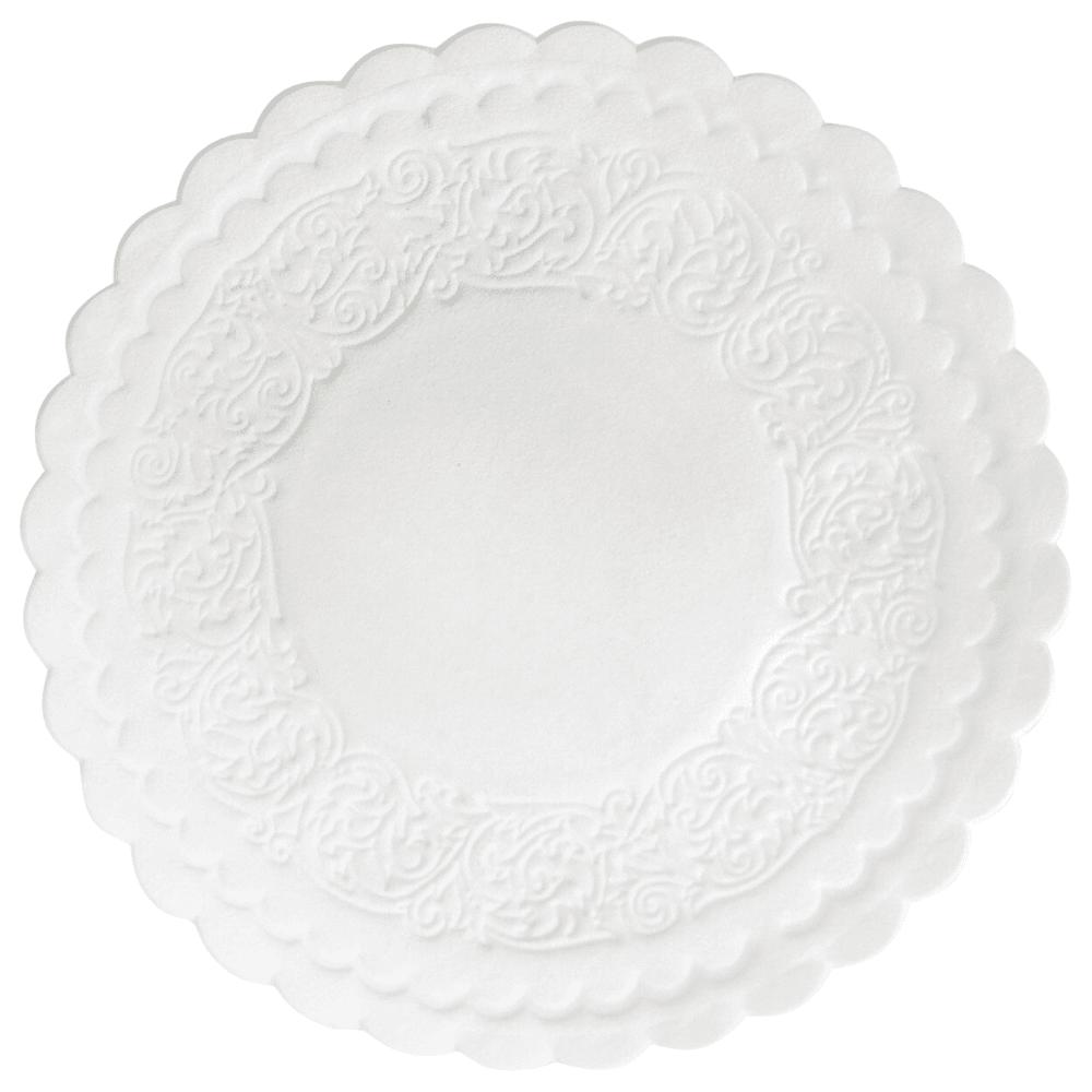A round, white coaster made of tissue from Duni GmbH with a diameter of 9 cm, multiple layers, and scalloped edges, as well as intricately embossed patterns on the edge. This product is delivered in a pack of 500 pieces.