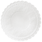 A round, white coaster made of tissue from Duni GmbH with a diameter of 9 cm, multiple layers, and scalloped edges, as well as intricately embossed patterns on the edge. This product is delivered in a pack of 500 pieces.
