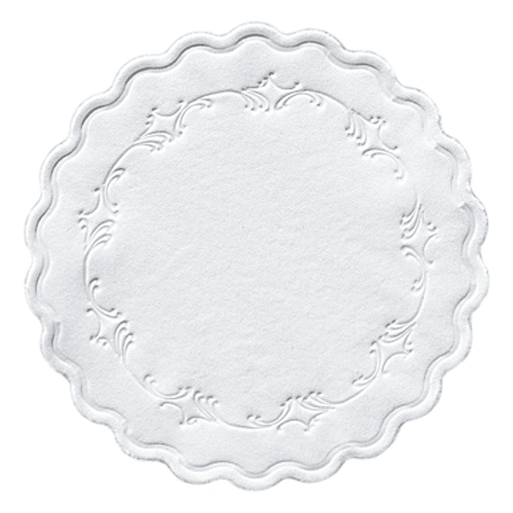 The Duni tissue coaster, a round, multi-layered white doily with a diameter of 9 cm from Duni GmbH, features scalloped edges and an artistic embossing pattern along the edge that adds elegance to any table setting and is available in packs of 250 pieces.