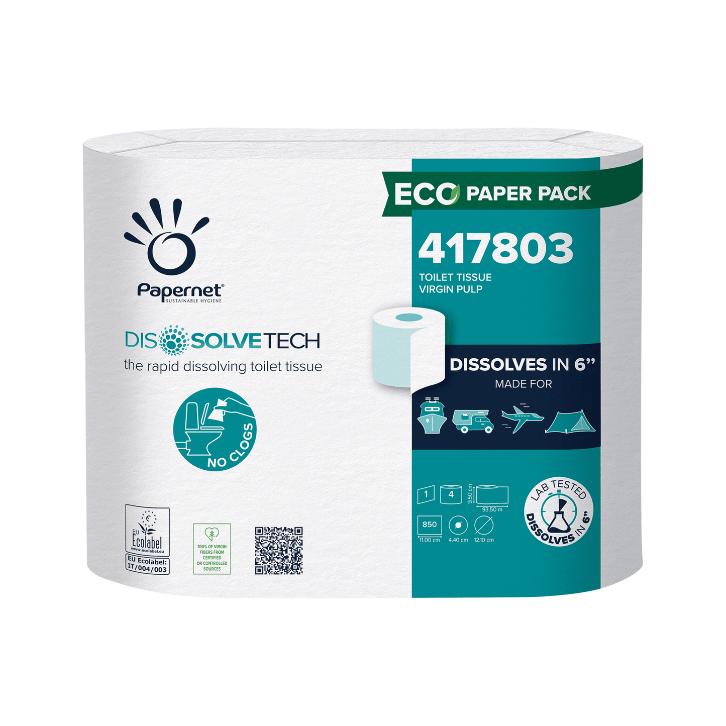 The Papernet toilet paper with Dissolve Tech technology from Sofidel Germany GmbH is characterized by its rapid dissolution and prevents blockages through the use of eco-friendly pulp that dissolves in just 6 seconds. The packaging displays logos for eco paper packaging and lab-tested advertising claims, all wrapped in antibacterial packaging material.