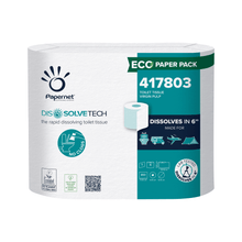 The Papernet toilet paper with Dissolve Tech technology from Sofidel Germany GmbH is characterized by its rapid dissolution and prevents blockages through the use of eco-friendly pulp that dissolves in just 6 seconds. The packaging displays logos for eco paper packaging and lab-tested advertising claims, all wrapped in antibacterial packaging material.