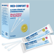 The image shows a box of Top-Comfort PP lemon sticks with lime flavor for oral care from AMPri Handelsgesellschaft mbH. The box contains 75 pieces and shows the text in German. On the front of the box, there are also two individually wrapped swabs and two unpackaged sticks with lime flavor depicted.