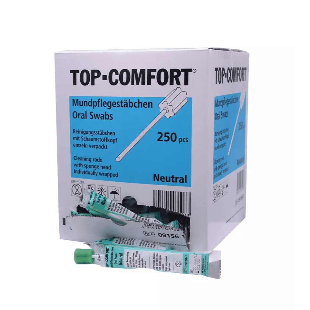 A box of AMPri Top-Comfort PP oral care swabs with PU sponge, with one swab partially removed from the box. The packaging indicates 250 individually wrapped taste-neutral swabs with sponge tips.