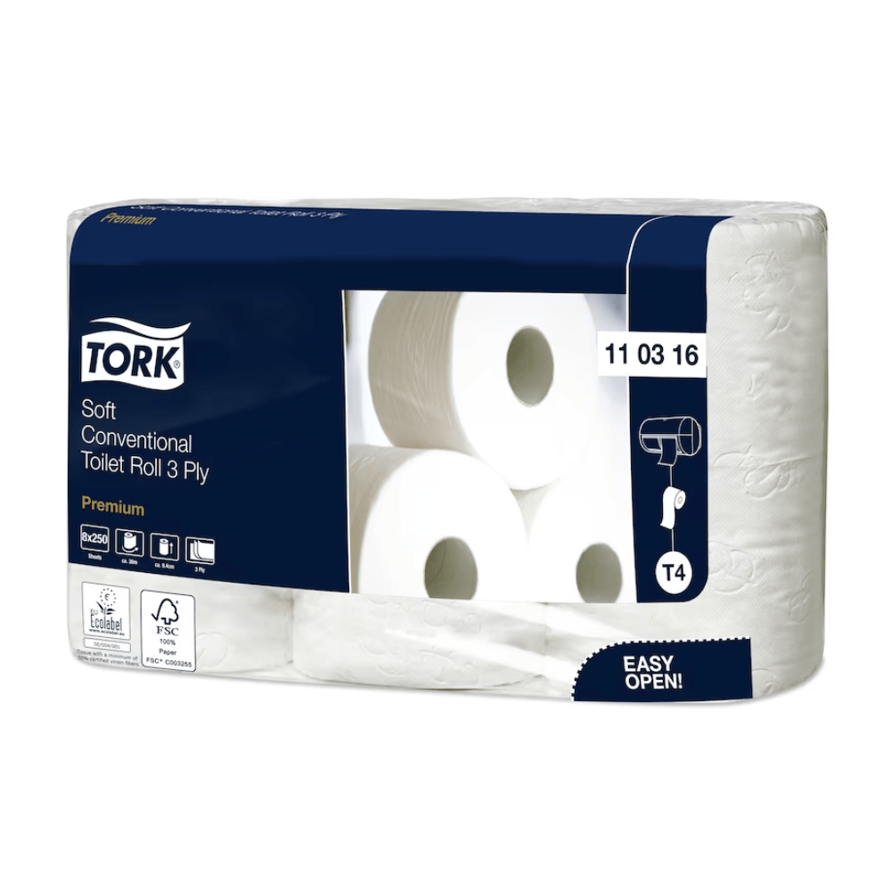 A carton with nine packs of Tork 110316 extra soft toilet paper Premium T2, 3-ply, from TORK – Essity Professional Hygiene Germany GmbH. The predominantly dark blue packaging features an “Easy Open” label, which, in addition to product information and barcodes, displays the logos of the FSC and the EU Ecolabel, highlighting the quality of the extra soft toilet paper.