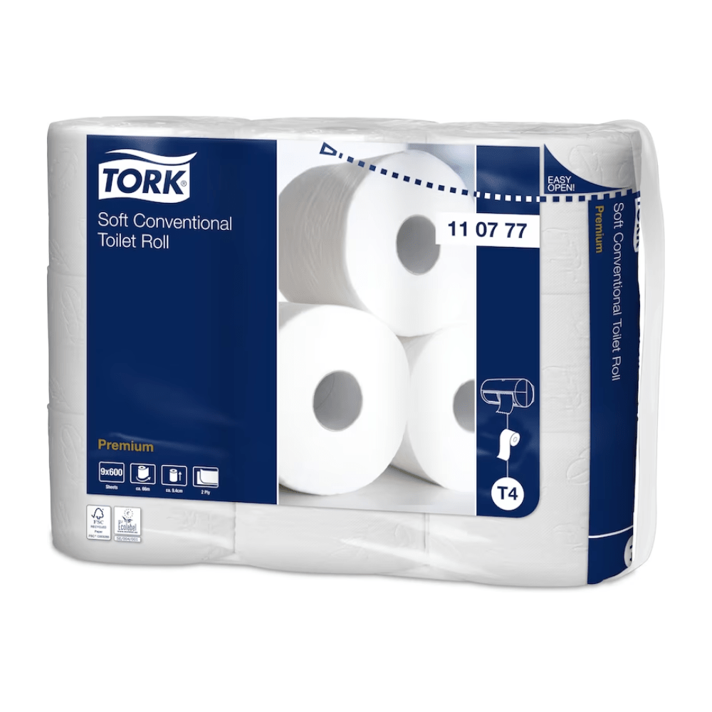 The packaging of Tork 110777 soft small roll toilet paper Premium T4 2-ply, which contains 54 rolls, is elegantly designed in blue and white. It prominently showcases the TORK brand from Essity Professional Hygiene Germany GmbH and emphasizes features such as softness, "soft paper," and size. Perfect for anyone who values quality in their small roll toilet paper.