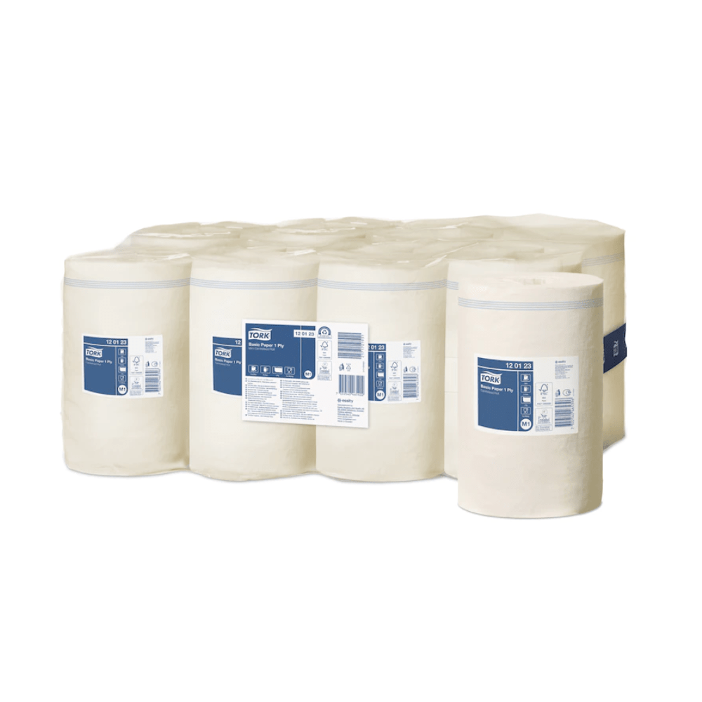 Several rows of large beige Tork 120123 standard paper towel rolls with blue and white labels from TORK – Essity Professional Hygiene Germany GmbH. Each roll offers a cost-effective solution, with detailed product information printed on the label against a plain white background.